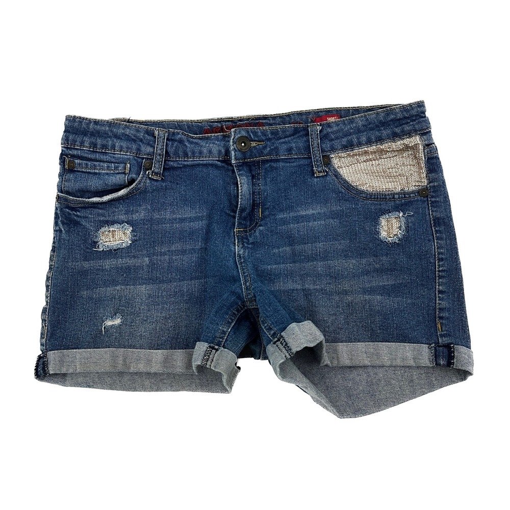 Arizona Distressed sequin Cuffed Girls size 16.5 Plus Blue Denim Jean Shorts‎